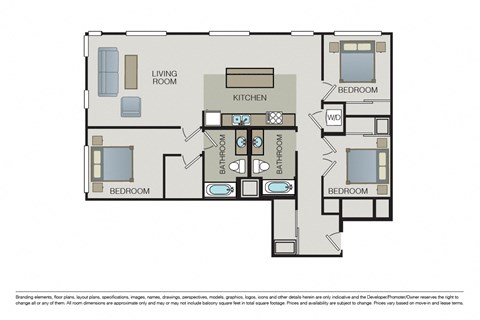 Floor plan for 3 beds, 2 baths, 1359 sqft